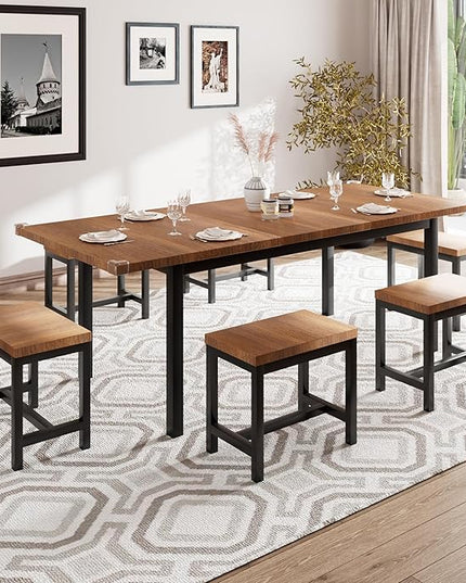 iPormis 7-Piece Dining Table Set with 6 Stools, 63" Extendable Kitchen Table Set for 4-8, Modern Dining Room Table with Sturdy Metal Frame, Space-Saving Dinette, Walnut