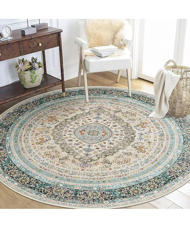 Round Area Rugs 5ft Washable,Blue Rug for Living Room Bedroom Dining Room,Large Boho Vintage Bohemian Distressed Oriental Carpet Non Slip,Floral