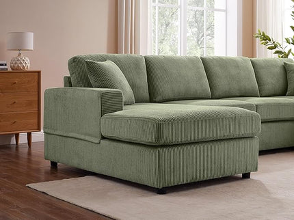 VANOMi 118'' U Shaped Sectional Sofa Couch, Corduroy Fabric Modern Cozy Jumbo Size 4-Seater Living Room Couch, Double Chaise Longue, Olive
