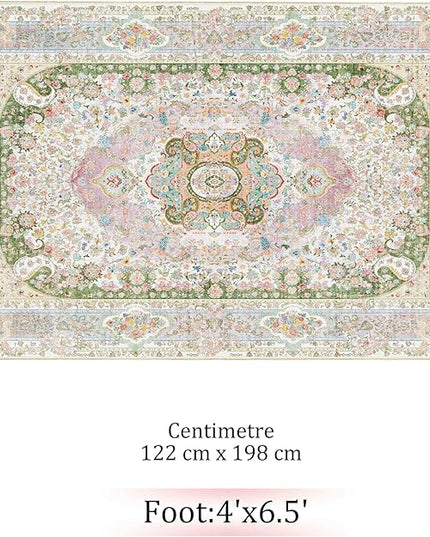 Pink Rug 4'x6.5',Washable Area Rugs for Bedroom Living Room Kitchen Entryway,Small Boho Vintage Bohemian Distressed Non Slip Carpet,Blush Green