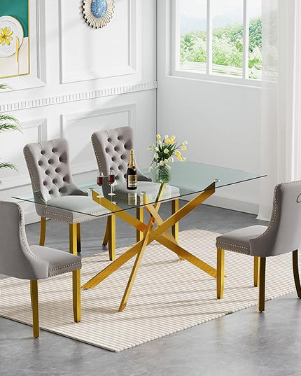 HomVent 5 Piece Rectangular Glass Dining Table Set, Tempered Glass Dinner Table Set for 4 Kitchen Table Set with 4 Velvet Upholstered Chairs for Kitchen Dining Room