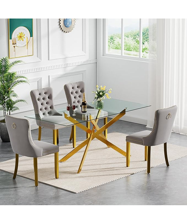 Modern 5-Piece Glass Dining Table Set for 4, Modern 60" Rectangle Gold Glass Dining Room Table Set with Light Grey Velvet Tufted Chairs Wood Legs for Kitchen Dining Room