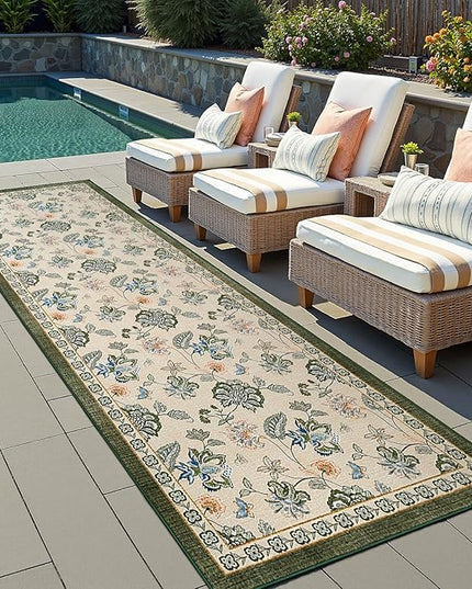 jinchan Elora 3x10 Floral Runner Rug for Hallway Washable Runner Vintage Romance Christmas Design Non Slip Thin Indoor Floor Cover Low-Profile Throw Carpet for Entryway Bathroom Porch, Green/Beige
