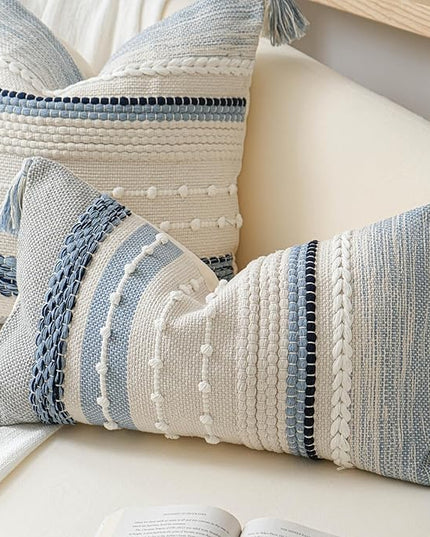 BlissBlush Coastal Blue Boho Decorative Throw Pillow Cover 20x20 Modern Bohemian Accent Pillow Case Square Woven Textured Farmhouse Pillows for Couch Bed (Pack of 1)