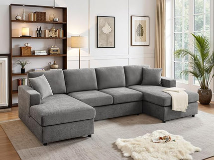VANOMi 118'' U Shaped Sectional Sofa, 4 Seat Modern Sectional Couch, Double Chaise Longue, Cozy Chenille Sofa Couches for Living Room Apartment, Grey