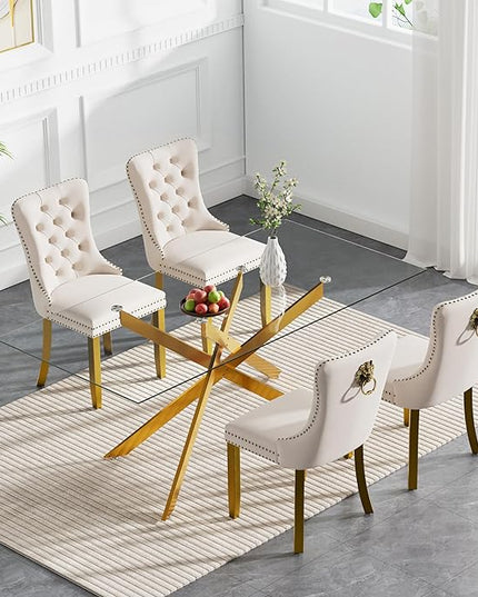 Modern 5-Piece Glass Dining Table Set for 4, Modern 60" Rectangle Gold Glass Dining Room Table Set with Beige Velvet Tufted Chairs Wood Legs for Kitchen Dining Room