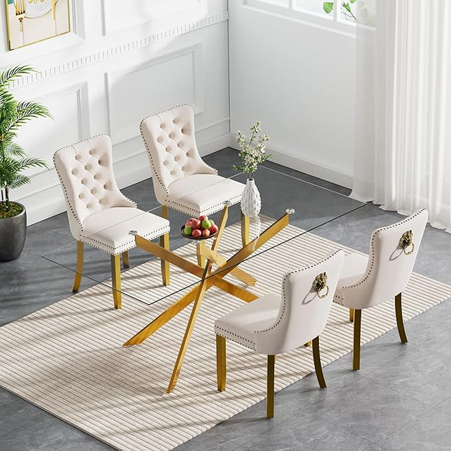 Modern 5-Piece Glass Dining Table Set for 4, Modern 60" Rectangle Gold Glass Dining Room Table Set with Beige Velvet Tufted Chairs Wood Legs for Kitchen Dining Room