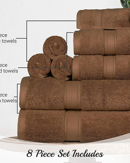 Superior Egyptian Cotton Pile 8 Piece Towel Set, Includes 2 Bath, 2 Hand, 4 Face Towels/Washcloths, Ultra Soft Luxury Towels, Thick Plush Essentials, Guest Bath, Spa, Hotel Bathroom, Chocolate