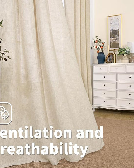 BGment Beige Linen Curtains 90 Inch Long for Living Room - Burlap Textured Light Filtering Window Treatments Grommet Sheer Drapes for Farmhouse, 2 Panels, 52 X 90 Inch