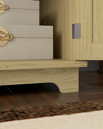 HOMCOM Sideboard with Solid Wood Countertop, Modern Kitchen Storage Cabinet, Coffee Bar Cabinet with 2 Drawers, Doors and Adjustable Shelf, Natural Rattan