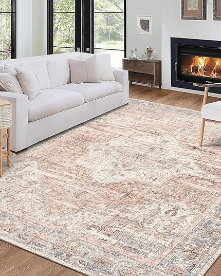 ReaLife Rugs Machine Washable Area Rug - Living Room Bedroom Bathroom Kitchen Entryway Office - Padded Low Pile Stain Resistant Premium - Boho Farmhouse Vintage - Lyle - Gray Ivory Blush 4' x 6'