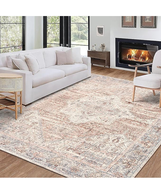 ReaLife Rugs Machine Washable Area Rug - Living Room Bedroom Bathroom Kitchen Entryway Office - Padded Low Pile Stain Resistant Premium - Boho Farmhouse Vintage - Lyle - Gray Ivory Blush 4' x 6'