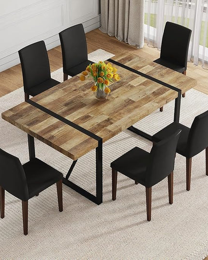 Dining Table Set for 6，Dinner Table Set for 6，71'' Kitchen Table and PU Leather Chairs Set of 6，6 Chair Dining Table Set for Kitchen Dining Room
