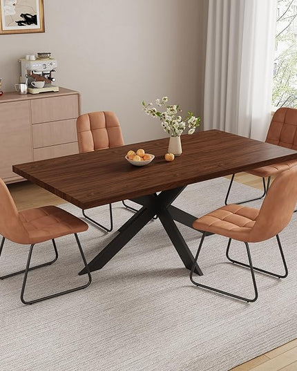 5-Piece Dining Table Set with 51"-67" Extendable Walnut Wood Table and 4 Brown PU Leather Chairs, Modern Rectangular Kitchen Table Set with Metal Legs, Space Saving Dining Room Furniture for 4