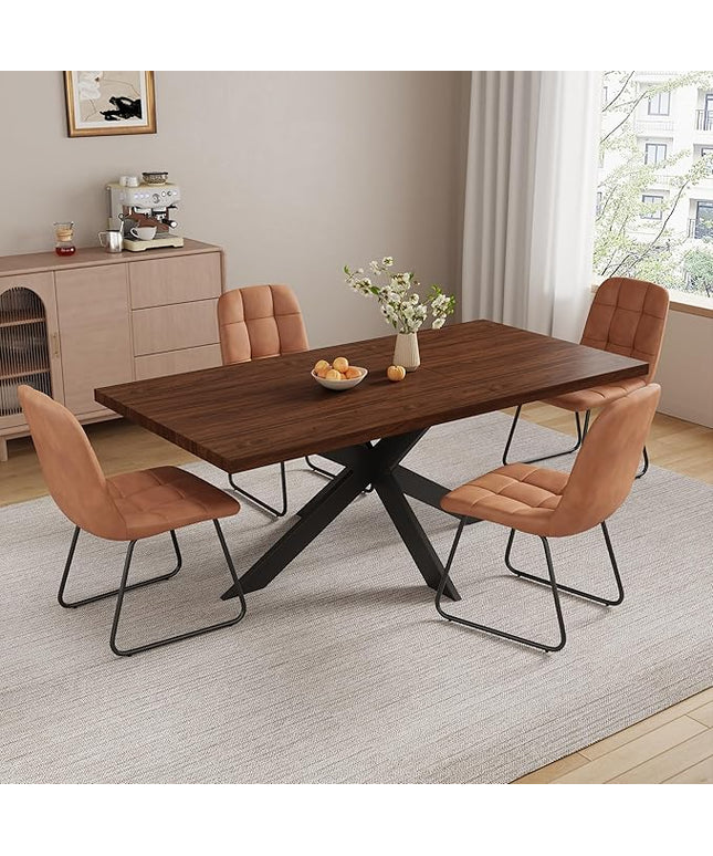 5-Piece Dining Table Set with 51"-67" Extendable Walnut Wood Table and 4 Brown PU Leather Chairs, Modern Rectangular Kitchen Table Set with Metal Legs, Space Saving Dining Room Furniture for 4
