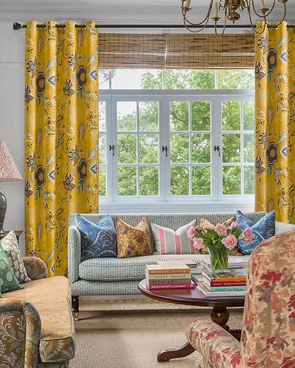 XiDi Vintage Floral Patterned Curtains Blackout 102 Inches Long 2 Panels for Bedroom Thermal Insulated Luxury Curtains with Botanical Leaf Printed Design Grommet Drapes Mustard Yellow 52x102