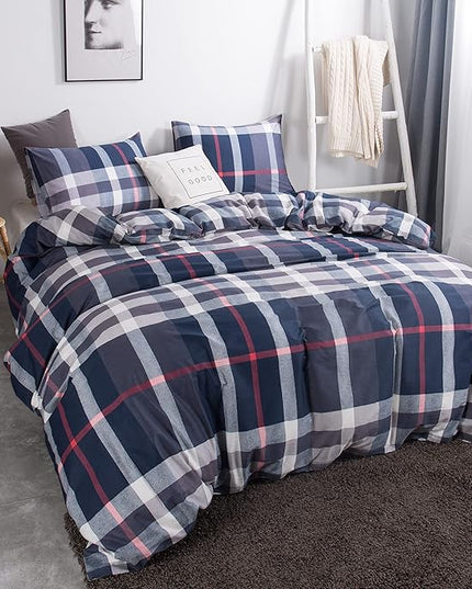 CLOTHKNOW Blue Plaid California King Comforter Set 3Pcs Tartan Bedding Comforter Sets All Season Soft Blue White Grey Grid Comforter with 2 x Pillow Cases