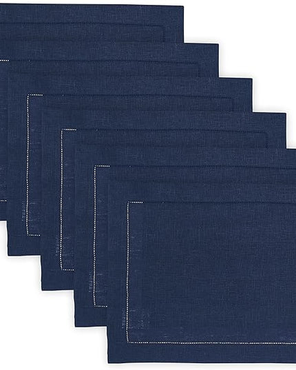 Solino Home Linen Cloth Placemats Set of 6-100% Pure Linen Hemstitch Navy Blue Placemats 14 x 19 Inch - Classic Hemstitch Table Place Mats for Christmas, Holiday, Winter, New Year