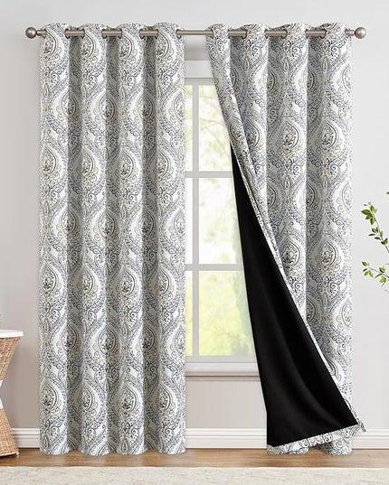 jinchan Blackout Curtains 84 Inches Long Blue Damask Medallion Curtain for Bedroom Black Out Drapes Printed Vintage Luxury Drape Grommet Top Window Treatments Set 2 Panels