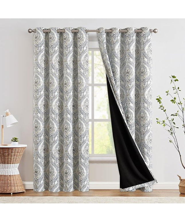 jinchan Blackout Curtains 84 Inches Long Blue Damask Medallion Curtain for Bedroom Black Out Drapes Printed Vintage Luxury Drape Grommet Top Window Treatments Set 2 Panels