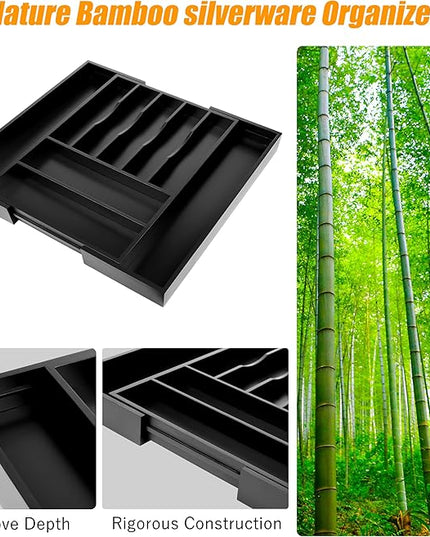 Bellsal Large Premium Bamboo Silverware Organizer - Expandable Utensil Drawer Organizer - 17"x19.6" Utensil Holder and Cutlery Tray with Grooved for Kitchen Flatware and Utensils(7-9 Slot, Black)