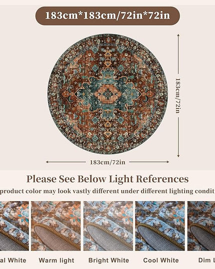 Ciicool Boho Area Rug Washable 6x6ft Round Bedroom Rug Non-Slip Oriental Throw Rug Low-Pile Floor Carpet for Dining Room Living Room(Brick Red/Dull Teal)
