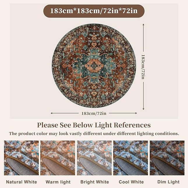 Ciicool Boho Area Rug Washable 6x6ft Round Bedroom Rug Non-Slip Oriental Throw Rug Low-Pile Floor Carpet for Dining Room Living Room(Brick Red/Dull Teal)
