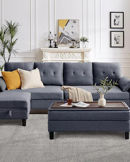 Convertible Sectional Sofa, Modern L Shaped Couch,Linen Fabric 4-Seat Sofa Set with Storage Ottoman and Coffee Table for Living Room,Light Gray