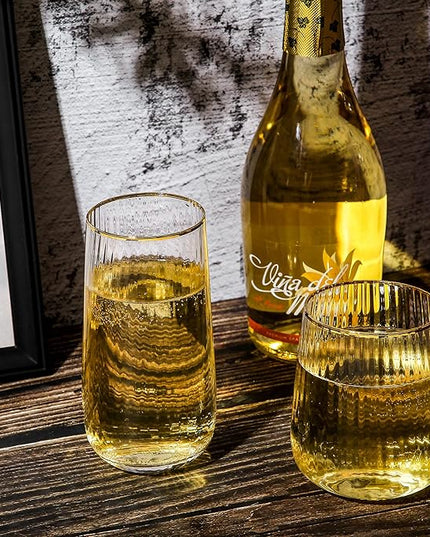 Lysenn Stemless Wine Glasses Set of 4 - Premium Hand Blown Drinking Glasses for Bubbly Wine & Champagne - Elegant Vertical Stripe and Gold Rim Champagne Flutes – Clear 17oz