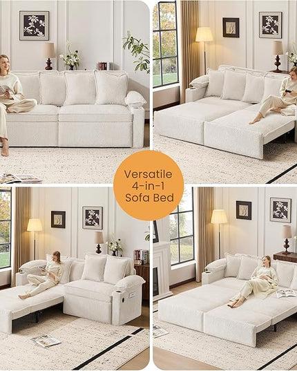 SUNWAVE 83" King Size Pull Out Sofa Bed, 4-in-1 Convertible Sleeper Sofa Bed with USB Ports, Cup Holders, Side Pockets, Corduroy Oversized Loveseat Chaise Lounge for Living Room, Small Space (White)