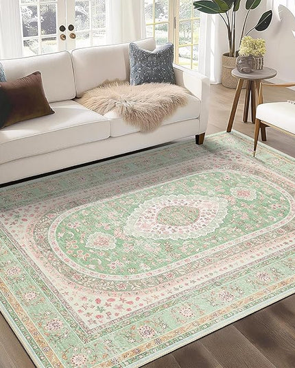 Green Rug 3x5,Washable Area Rugs for Bedroom Living Room Kitchen Entryway,Small Boho Vintage Bohemian Distressed Oriental Non Slip Carpet,Sage Blush Floral