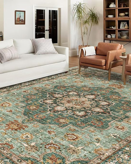 Washable Oriental Area Rug - 10x12 Rugs for Living Room Soft Carpet for Bedroom Waterproof Floral Distressed Indoor Stain Resistant Non-Shedding Floor Carpets (Green, 10x12)