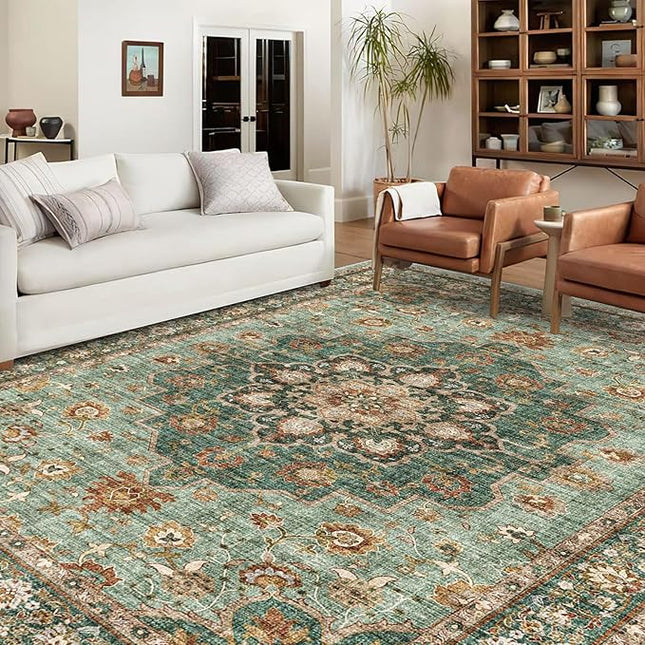Washable Oriental Area Rug - 10x12 Rugs for Living Room Soft Carpet for Bedroom Waterproof Floral Distressed Indoor Stain Resistant Non-Shedding Floor Carpets (Green, 10x12)