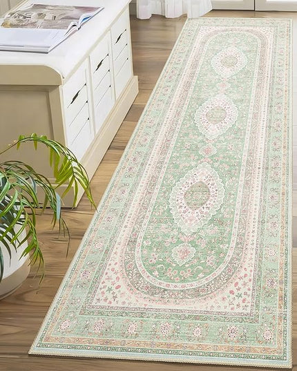 Washable Runner Rug 2x8,Green Rug Runners Non Slip,Long Boho Rugs for Hallways Kitchen Bedroom Entryway Living Room Bathroom,Vintage Bohemian Distressed Oriental Floor Carpet,Sage Blush Floral