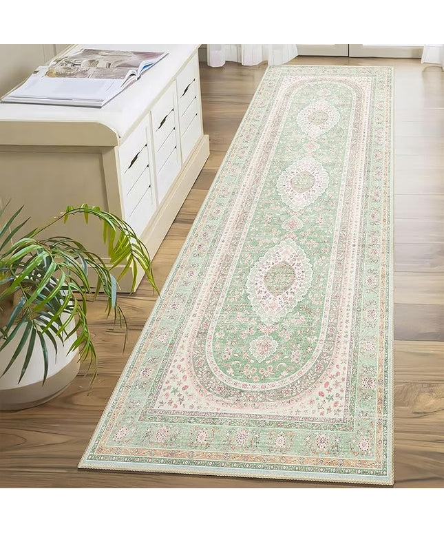 Washable Runner Rug 2x8,Green Rug Runners Non Slip,Long Boho Rugs for Hallways Kitchen Bedroom Entryway Living Room Bathroom,Vintage Bohemian Distressed Oriental Floor Carpet,Sage Blush Floral