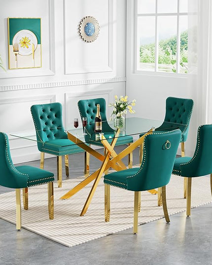 Rectangle Glass Dining Table Set for 6, 60'' Kitchen Table and Chairs Set, 7PCS Modern Dining Room Table Set with 6 Velvet Dining Chair for Home