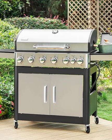 6 Burner Propane Gas BBQ Grill with Side Burner & Porcelain-Enameled Cast Iron Grate, 65,800 BTUs Barbecue Grill 665 Sq. In. Grilling Area, Outdoor Propane Grill for Camping Patio Backyard Cooking