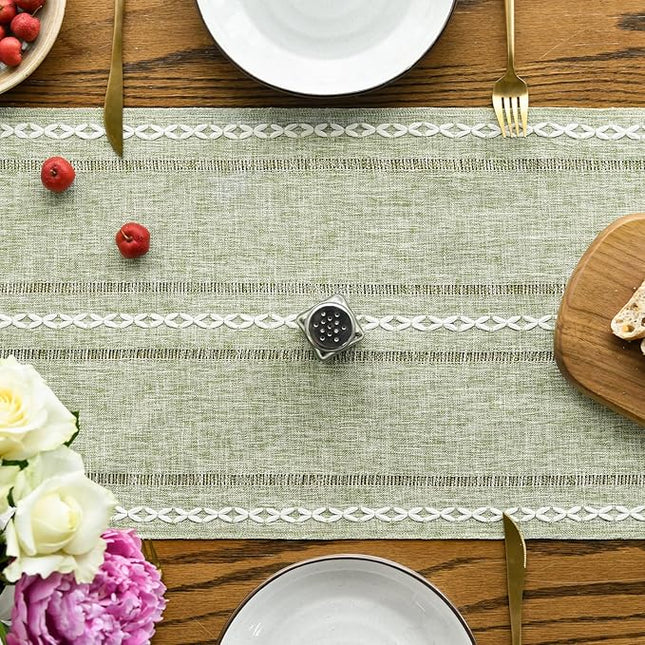 Artoid Mode Sage Green Rustic Cotton Linen Table Runner, Seasonal Embroidered Hollow Kitchen Dining Table Decoration for Home Party Decor 13x108 Inch