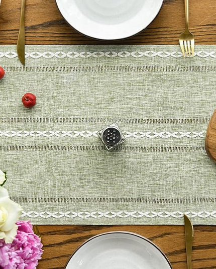 Artoid Mode Sage Green Rustic Cotton Linen Table Runner, Seasonal Embroidered Hollow Kitchen Dining Table Decoration for Home Party Decor 13x90 Inch