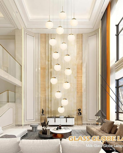 KoKo&Yukina 16-Light Gold Mid Century Modern Chandelier for Living Room Staircase Chandelier for Entryway Globe Milky White Glass Pendant Light High Ceiling Chandeliers Foyer (Bulb & Remote Incl.)