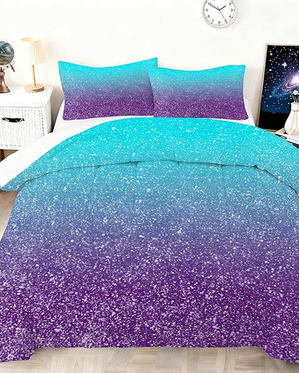Gradient Glitter Comforter Set King Size 3D Colorful Bedding Set for Girls Kids Adults, Colorful Gradient Glitter Themed Bedding in A Bag Blue Purple 3D Sparkly Galaxy Bedroom Decor Bedding Set