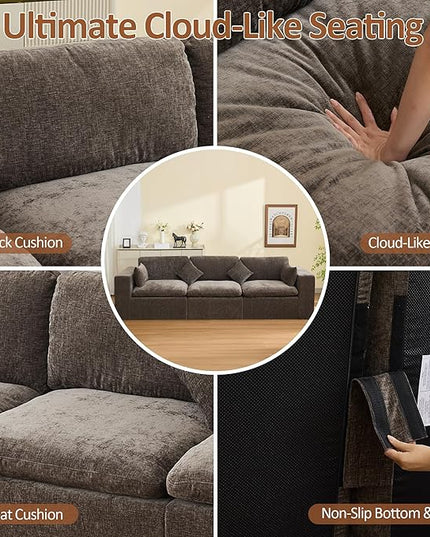 115''Cloud Boneless Sectional Couch, Modular Sectional Sofa Deep Seat, Oversized Upholstered Convertible Comfy 3 Seater Chenille Memory Foam Sofa Couches for Living Room, Brown
