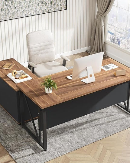 Tribesigns 63 inches Computer Desk, Modern Home Office Desk Writing Table for Workstation, Dark Walnut + Steel Leg, Cabinet not Included (Walnut, 63-inch)