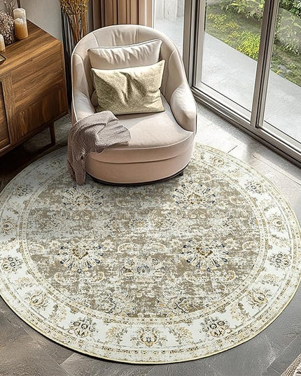 jinchan Fiora Round Rug 4ft Area Rugs Vintage Floral Distressed Design - Machine Washable Non-Slip Low-Pile Ultra-Thin Circle Rug for Entryway Bedside Living Room Dining Room Bedroom (4' Round, Taupe)