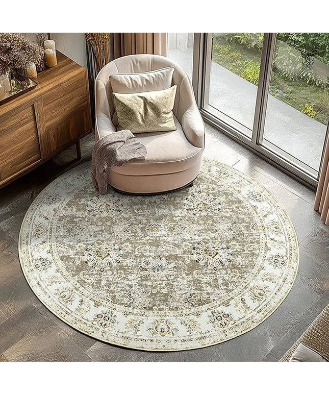 jinchan Fiora Round Rug 6ft Area Rugs Vintage Floral Distressed Design - Machine Washable Non-Slip Low-Pile Ultra-Thin Circle Rug for Entryway Bedside Living Room Dining Room Bedroom (6' Round, Taupe)