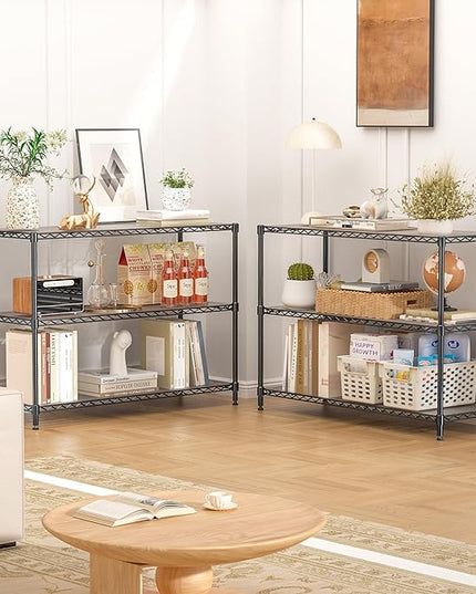 3-Shelf Adjustable Storage Shelves 36" W x 14" D x 36" H Metal Shelving Unit Heavy Duty Wire Rack Small Organizer with 3 Shelf Liners for Kitchen Pantry Bathroom Laundry Closet Garage Black