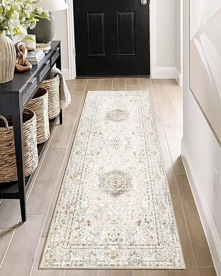 Washable Runner Rug 2x6,Boho Rug Runners Non Slip,Long Rugs for Hallways Kitchen Bedroom Entryway Living Room Bathroom,Vintage Bohemian Distressed Floor Carpet,Beige