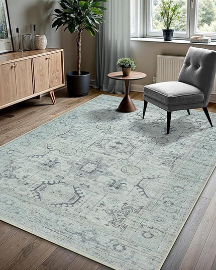 GLN Rugs Bohemian Collection - Machine Washable Area Rug, Bohemian Vintage, Non Slip, Low Pile Chenille Rug, Living Room, Bedroom, Bathroom Rug (9'x12' Beige and Gray)