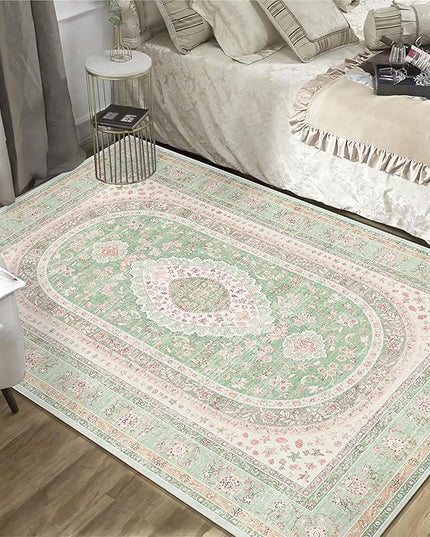 Green Rug 4x6.5,Washable Area Rugs for Bedroom Living Room Kitchen Entryway,Small Boho Vintage Bohemian Distressed Oriental Non Slip Carpet,Sage Blush Floral