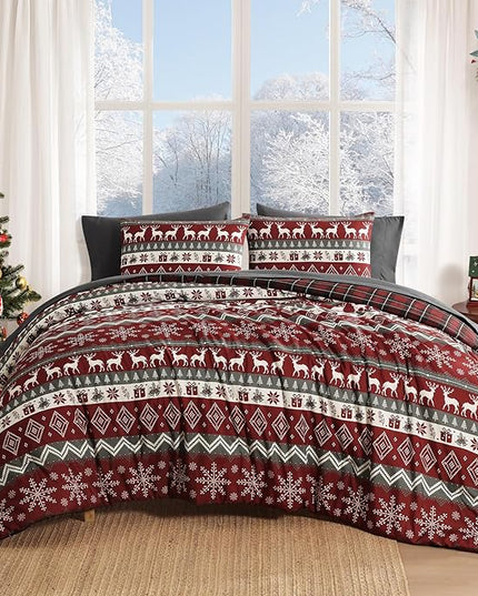 MaiRêve Christmas Full Comforter Sets, Red Reindeer Snowflake Bed Set for Holiday, Reversible Plaid Checkered Comforter Bed in a Bag, Soft Bedding Set 7 Pieces with Sheets, Pillowcases & Shams